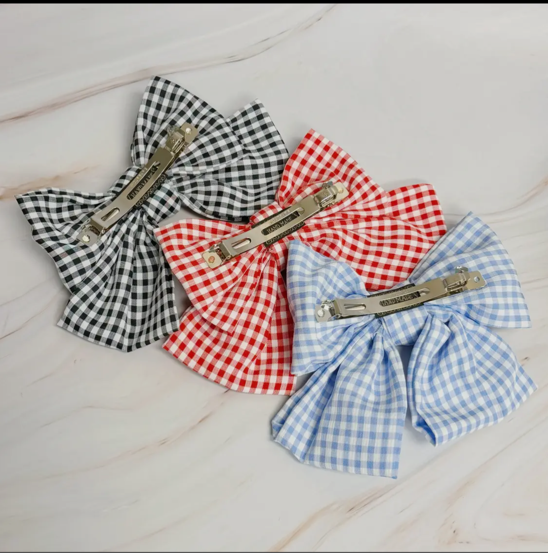 Blue and white checkered gingham bow